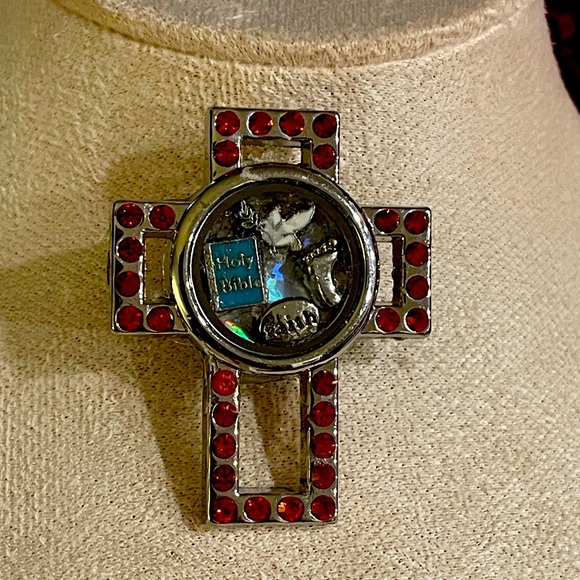 Cross Locket Brooch.Red Stones & Charms (Bible,Faith,Footprint,Holly Spirit). - Picture 2 of 3